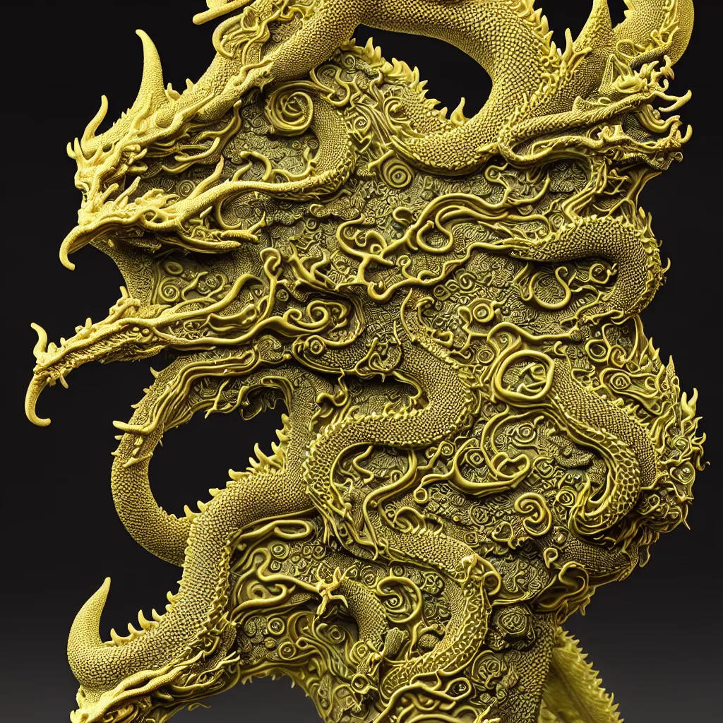 Prompt: a closeup photo - real delicate ceramic porcelain sculpture of an ornate detailed dragon in front of a intricate background by victo ngai and takato yamamoto, micro detail, backlit lighting, subsurface scattering, translucent, thin porcelain, octane renderer, gold and neon green, swirling pink aura, physically based rendering, japanese pottery, trending on cgsociety