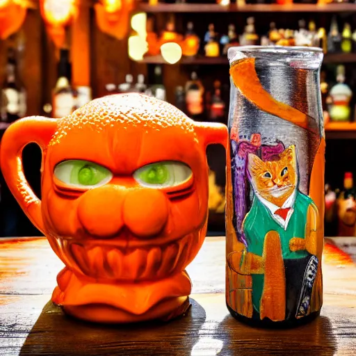 Prompt: a closeup photorealistic photograph of an orange cat garfield style tiki mug sitting at a trader vic's bar featuring garfield's face. tiki party. bright scene. fine detail. this 4 k hd image is trending on artstation, featured on behance, well - rendered, extra crisp, features intricate detail, epic composition and the style of unreal engine.