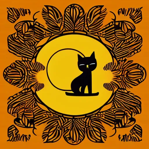 Image similar to tattoo sketch of a cat hugging the sun, on a yellow paper, african ornament, minimalism, vector