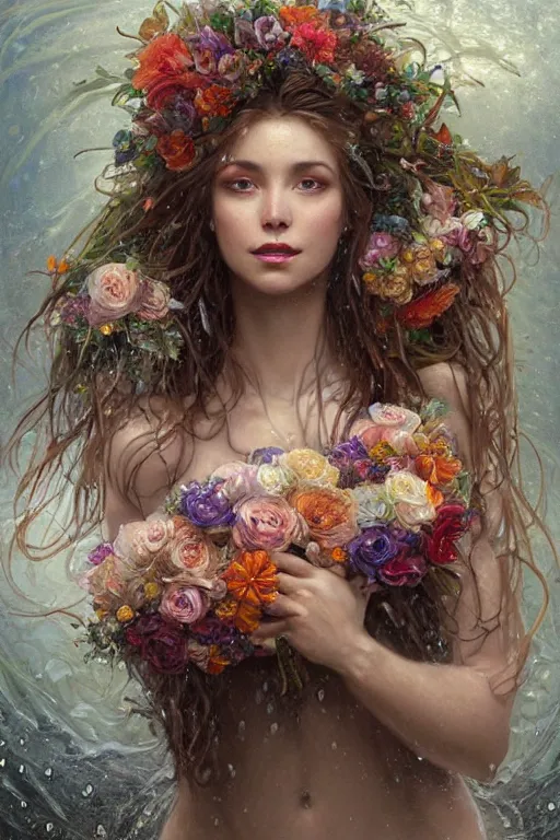 Image similar to portrait of a beautiful mysterious woman holding a bouquet of flowing flowers, drenched body, wet dripping long hair, hands hidden under the bouquet, emerging from the water, fantasy, regal, intricate, by stanley artgerm lau, greg rutkowski, thomas kindkade, alphonse mucha, loish, norman rockwell