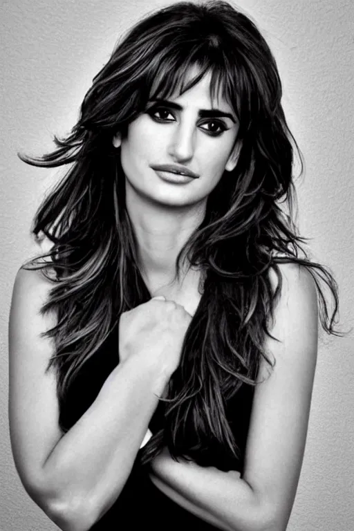 Image similar to photo portrait of penelope cruz, realistic, black and white, in style of phil borges