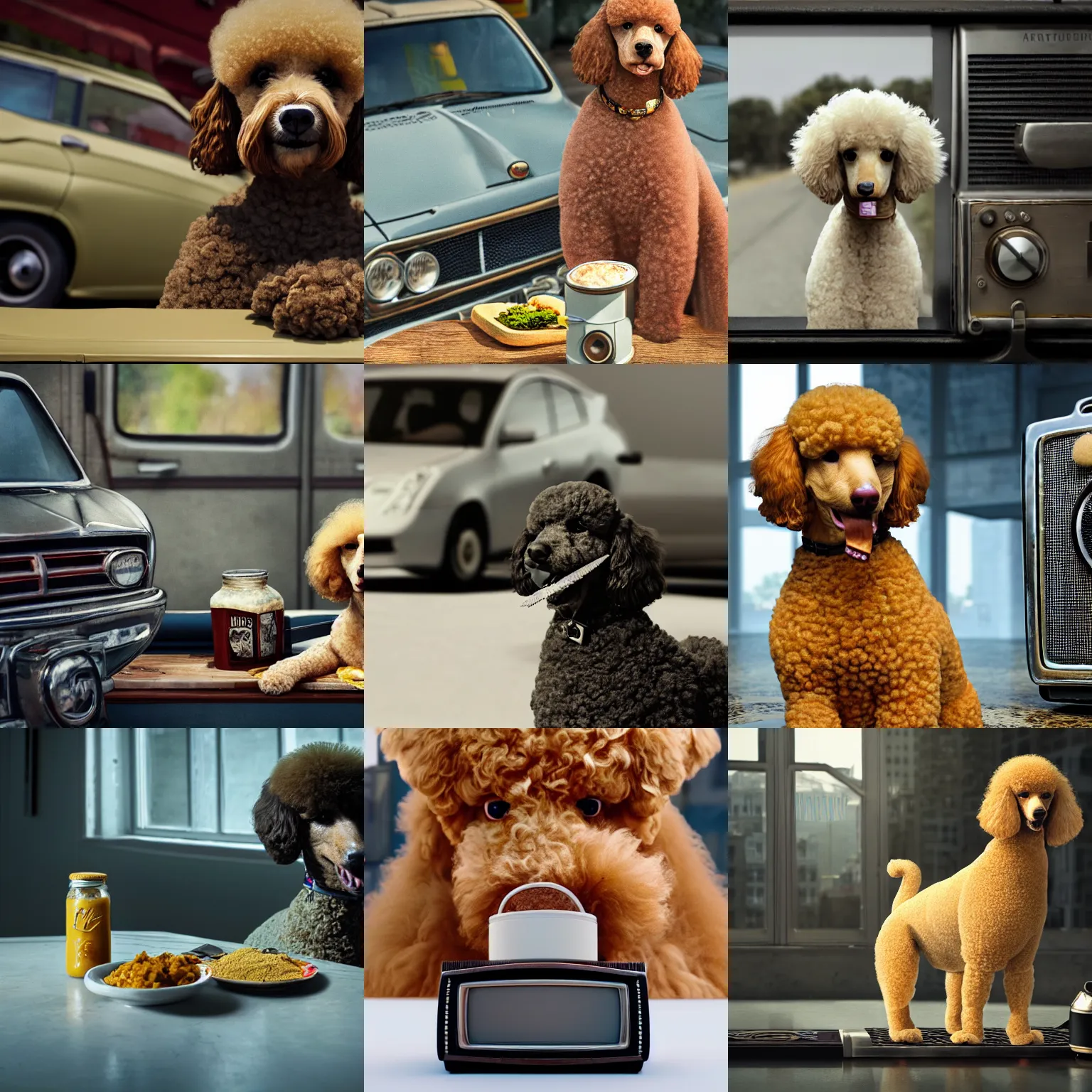 Prompt: a closeup photorealistic photograph of a poodle eating from a jar of mustard that is sitting next to an old radio. prius is in the background. professional capture. brightly lit scene. this 4 k hd image is trending on artstation, featured on behance, well - rendered, extra crisp, features intricate detail, epic composition and the style of unreal engine.