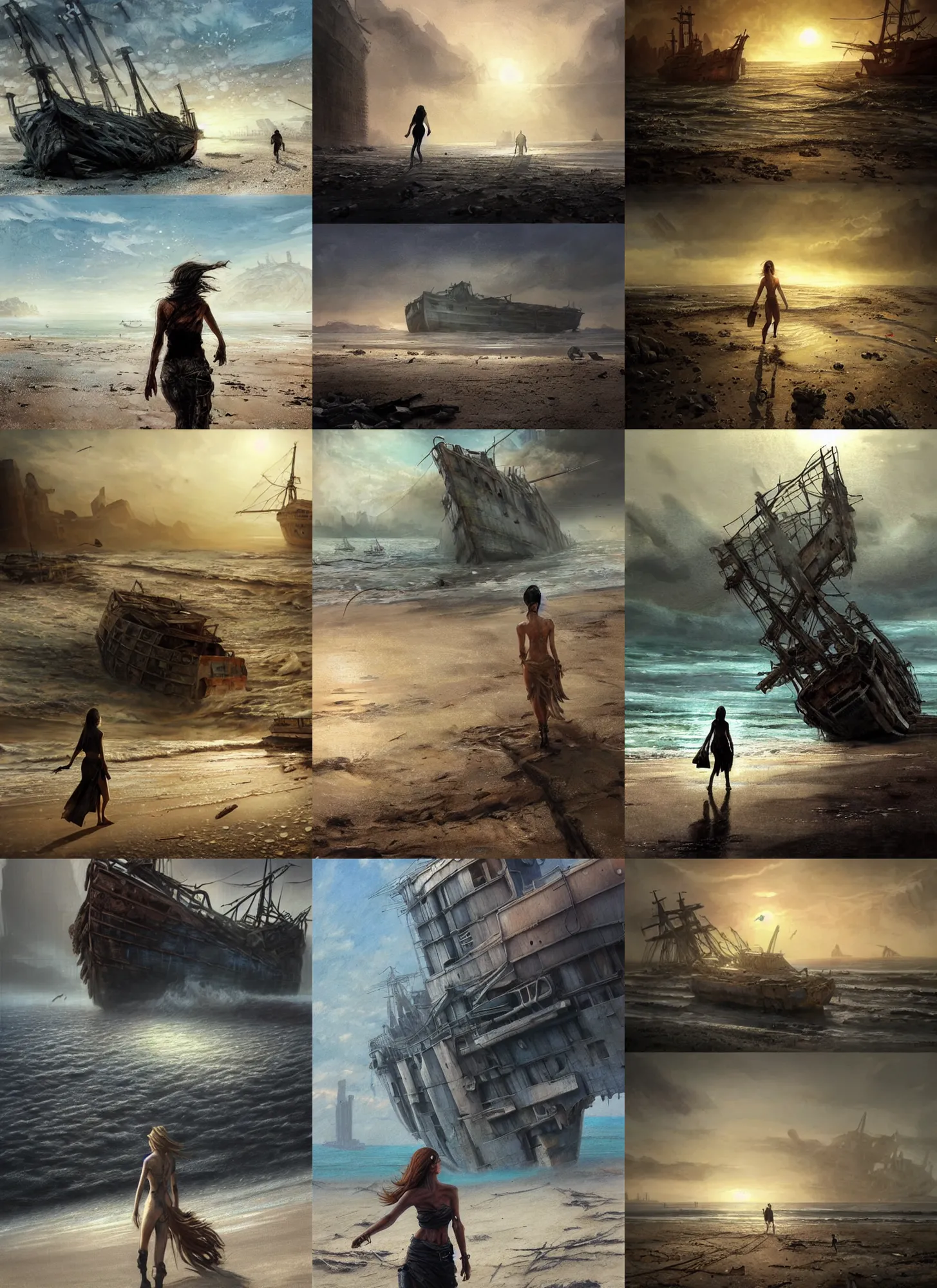 Prompt: ultra realistic shipwreck on the beach, a woman walking toward the ship, dramatic poses, in post apocalyptic cyberpunk kowloon style, sci - fi, fantasy, intricate, elegant, highly detailed, digital painting, artstation, concept art, smooth, sharp focus, illustration, beautiful light and shadows, art by arthur haas and bruce pennington and john schoenherr