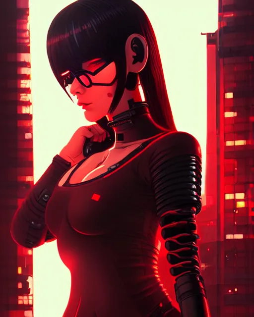 Image similar to a detailed potrait of a cyberpunk cyborg girl with black and red parts, perfect face, realistic shaded perfect face, detailed. night setting. very anime style. realistic shaded lighting poster by ilya kuvshinov katsuhiro, unreal engine, global illumination, radiant light, detailed and intricate environment