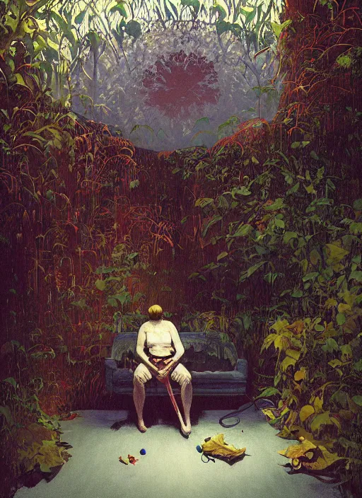 Prompt: time does not exist anymore by edward hopper and james gilleard, zdzislaw beksinski, overgrown vegetation, open ceiling, highly detailed, painted by francis bacon, painted by james gilleard, airbrush, ilya kuvshinov, wlop, stanley artgerm, very coherent, art by takato yamamoto and james jean