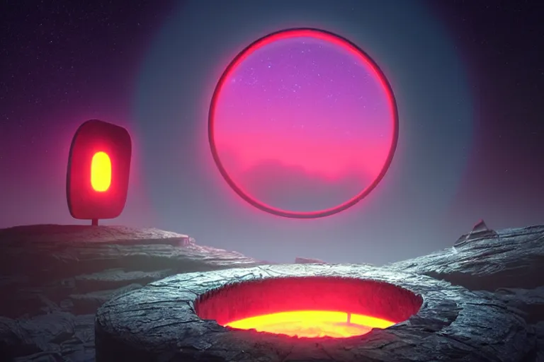 Image similar to a single distant fleshy glowing portal opens up in an otherwise dark and desolate landscape : retro, sci - fi, surrealism, vaporwave, concept art, 4 k, ultra hd, very detailed, digital art