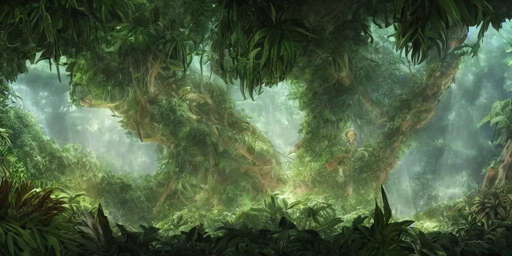 Image similar to A exhuberant tropical jungle, by studio ghibli, michelangelo and raphael, lurking glowing eyes in the dark, biopunk, dna biology experiment, hanging vines, highly detailed, overgrown vegetation, mosh on the trees, digital painting, matte painting, concept art, illustration, oppressive lighting, trending on artstation, very detailed, chiaroscuro,