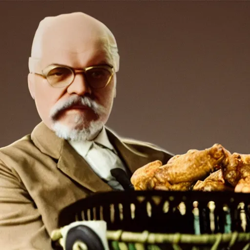 Image similar to Lenin as colonel Sanders on a basket full of chicken wings, labeled USSR, studio photo, by Stephen Meisel, octane renderer, behance