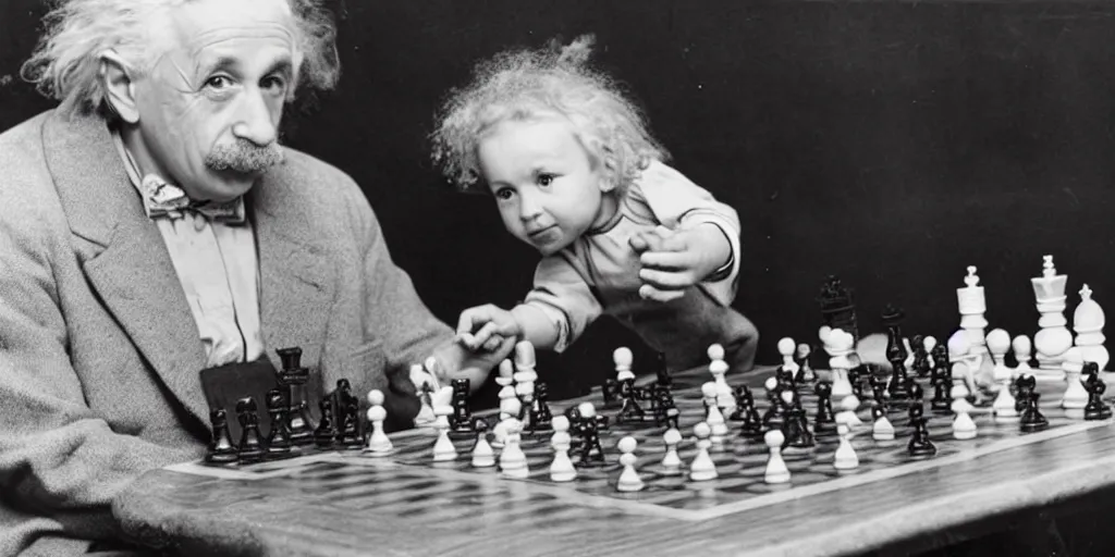 Image similar to a very smart baby playing chess with professor Albert Einstein