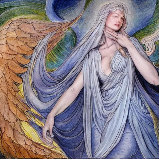 Image similar to most beautiful silk steel maiden, cygnus milieu of desert of purgatory, in the style of william blake, terese nielsen, detailed, intricate, beautiful faces, steve argyle, pastoral fantastic reality