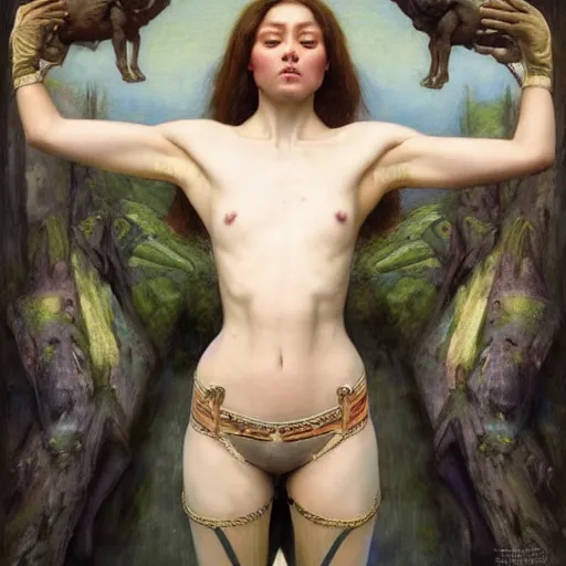 Image similar to epic masterpiece full body portrait half beast half woman crying acrobatic pose, beautiful face and flawless skin, by Edgar Maxence and Ross Tran and Michael Whelan