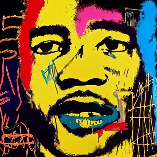 Image similar to jimi hendrix portrait painted by jean michel - basquiat