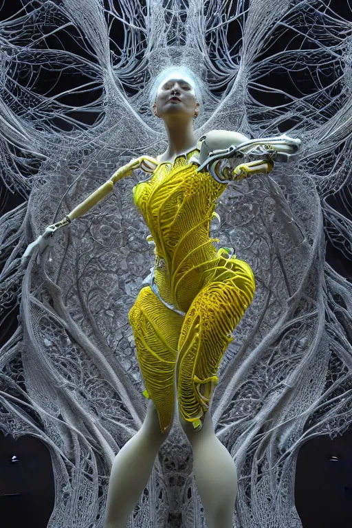 Prompt: intricate hyper detailed ultra sharp 3 d render, unity of mood, biomechanical cyborg ladies dancing, atmospheric, foliage, fractal, flowing, white large pore fungi, cyberpunk art nouveau, haute couture alexander mcqueen leaves stems dahlia blooming transparent fractal filigree roots, intricate details, octane render, volumetric cinematic lighting, natural beautiful light, yellow infrared, lumiol, 8 k,