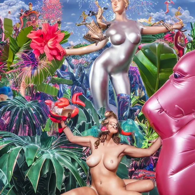 Image similar to an extreme close - up of a statue chrome cyborg lycra nymph battling a giant inflatable flamingo pool float, christmas cactus arnold schwarzenegger and monstera plants, fireworks thick smoke epic clouds, by jeff koons, hajime soryama, boris vallejo, artgerm, greg rutkowski, alphonse mucha