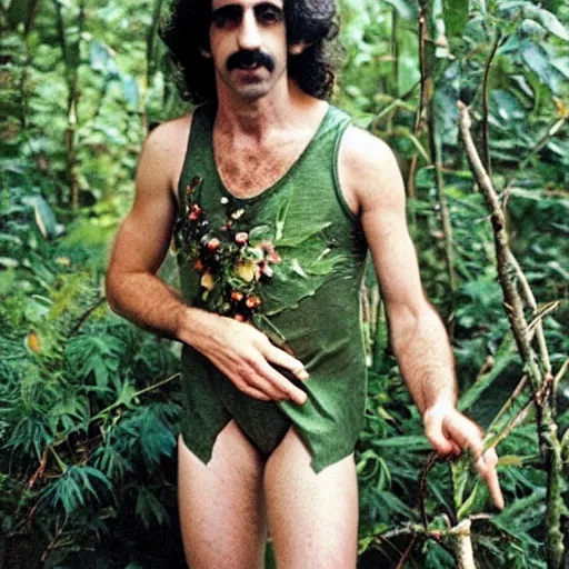 Image similar to young Frank Zappa as a forest druid wearing a floral leotard frolicking in the hooded forest of verdant turmeric roots, masculine, HSV