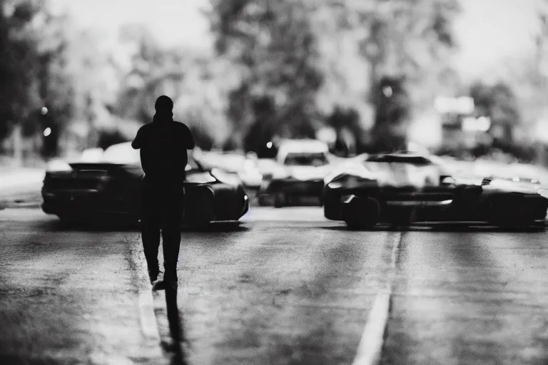 Image similar to silhouette, person on foreground, turned back to the camera, watching cars drive by, bokeh, photorealistic, photo, fuji 2 0 0, canon 8 5 mm, bokeh, cold palette, cinematographic, racing cars, motorsports, chicane, getty images,