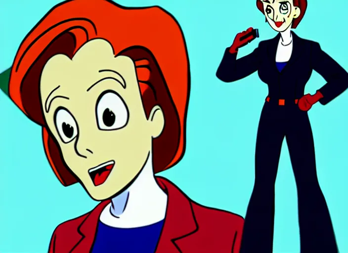 Image similar to dana scully on the real ghostbusters, shaded animation cel, anime, sharp detail, animation cel, thin linework, in the style of don bluth, bruce timm, stephen silver, studio trigger, 5 k, hd