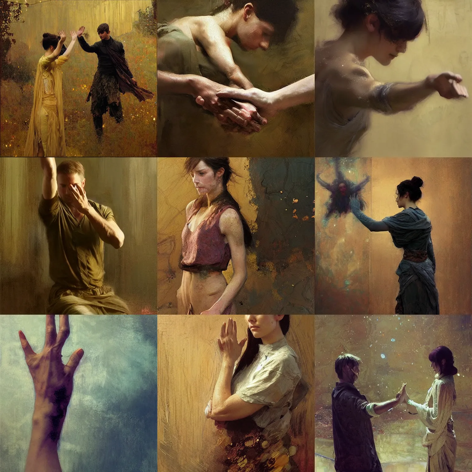 Prompt: stable diffusion accidently making good hands by waterhouse, craig mullins, ruan jia, gustave klimt, beautiful!!!!!!! hands!!!!!!!!!!!!!!!! high five, slap, flex, stretch, palm