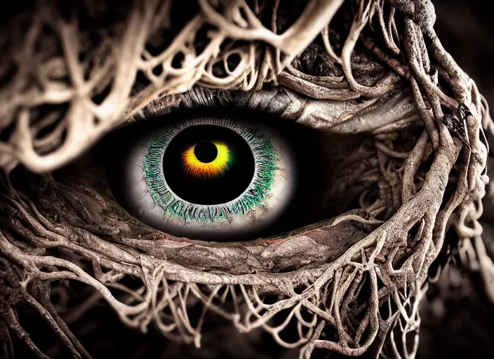 Image similar to photo of an eye wrapped in roots underground. Fantasy magic style. Highly detailed 8k. Intricate. Nikon d850 55mm. Award winning photography.