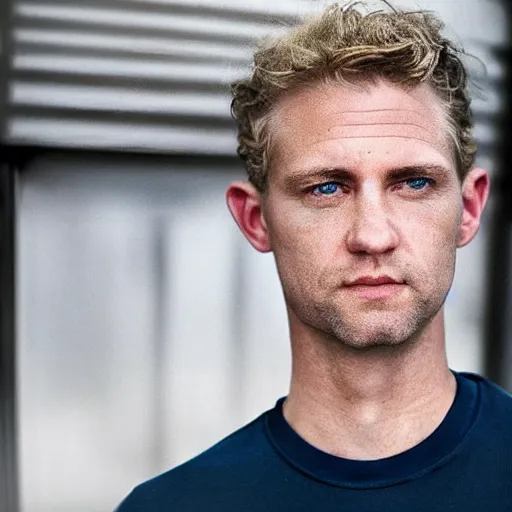 Image similar to full face color photograph of a 40 year old very handsome white man with short, curly, blond hair and very small slanted blue eyes, dressed in a white t shirt, gray shorts and black socks, with a small mole to the right of his very thin lips, with a straight nose and blond stubble, with a round face, and an earring in the left ear. He resembles a lion.