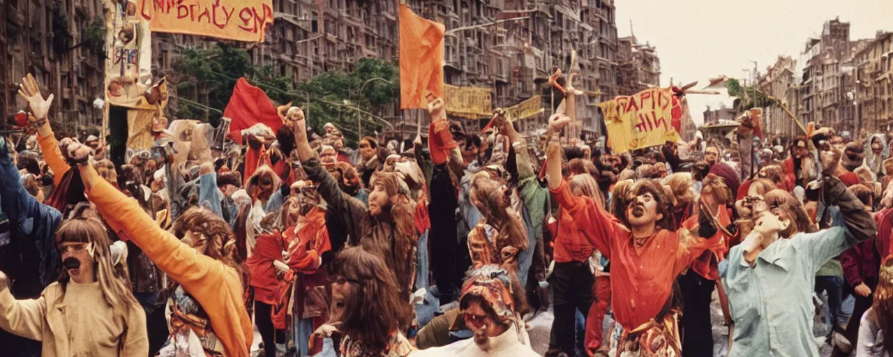 Image similar to hippies protesting spaghetti, 1 9 6 0's, high detail, canon 5 0 mm, wes anderson film, kodachrome