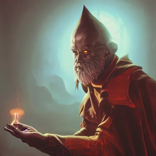 Prompt: a ominous illustration of a dark wizard casting a spell, alchemist lab, painting oil on canvas by moebius, octane render, trending on artstation, 8k,