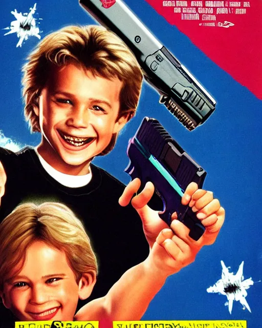 Prompt: 80s movie poster where a happy boy befriends a magic GLOCK 17, Drew Struzan