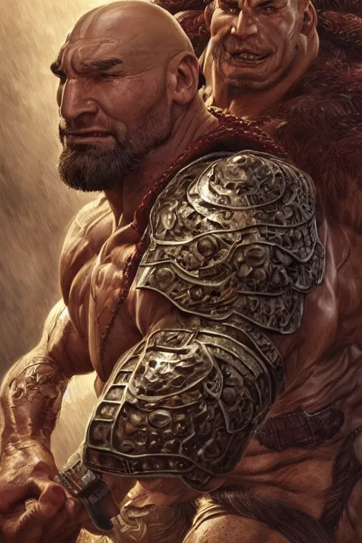 Image similar to ultra realistic illustration,, a hulking herculean dave bautista with leather armour, from doom and warhammer, intricate, elegant, highly detailed, digital painting, artstation, concept art, smooth, sharp focus, illustration, art by artgerm and greg rutkowski and alphonse mucha