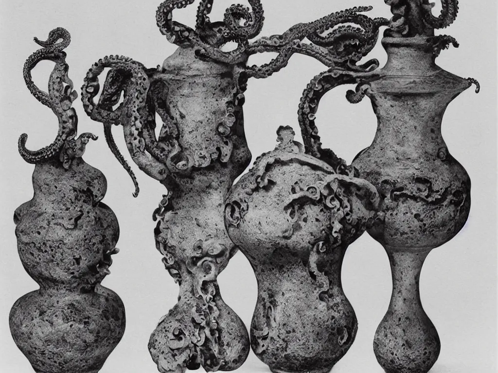 Prompt: flaming gothic stone vase, pot, jug in the shape of octopus. karl blossfeldt, salvador dali