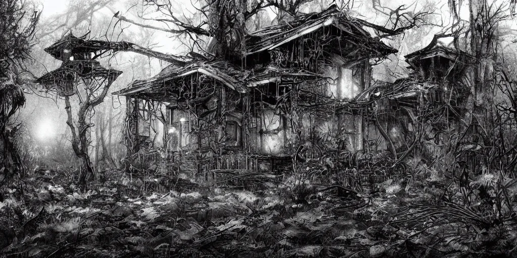 Image similar to photorealistic, ruined english bungalow at night, overgrown vegetation, in the forest, apocalypse, very dark, fog, skinny evil creatures, hell scape, horrifying, hyperrealistic, grimdark, art by tsutomu nihei