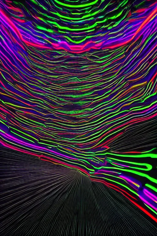 Image similar to very dark image of a neon - colored abstract intricate 3 d arc of light in a ultra black background, blender maya unreal engine, octane render vray,