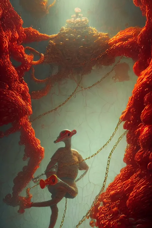 Image similar to SpongeBob, realistic and ultra intricate detailed soft painting, volumetric lighting, mist, chains and red fluid background, Artstation, Tom Bagshaw Yasushi Nirasawa Moebius artstyle, unreal render, depth of field