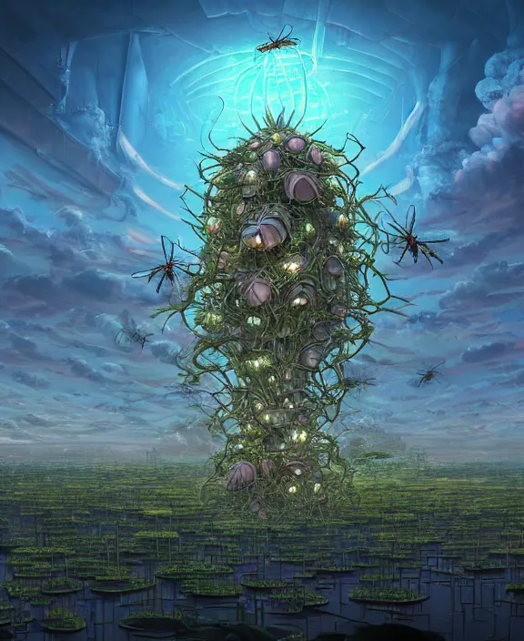 Prompt: a giant weird industrial plant made out of isopod dragonflies, in the style of a strange asymmetrical spaceship, overgrown with disturbing orchids, godbeams, partly cloudy, somber, dramatic lighting, by dan mumford, yusuke murata, makoto shinkai, ross tran, cinematic, unreal engine, cel shaded, featured on artstation, pixiv