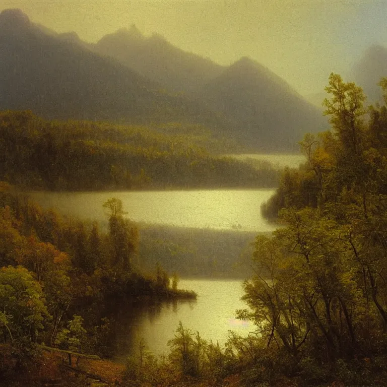 Image similar to hudson river school painting, Albert Bierstadt, naturalism, great river, Phragmites, steep mountains, incoming storm