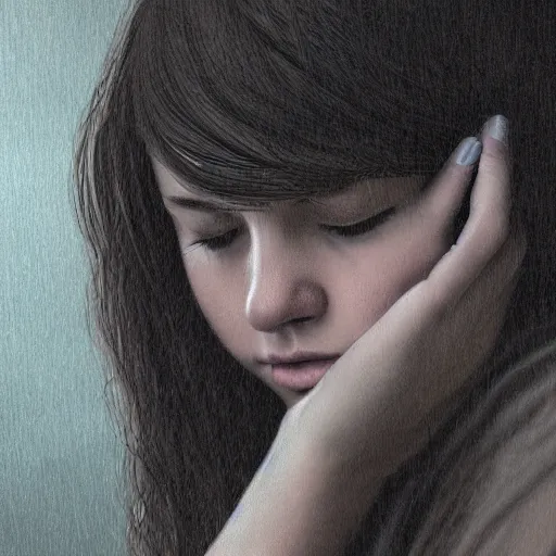 Prompt: a sad girl in a rainy afternoon. digital art. highly detailed, intricate harmony, moody lighting. focus.