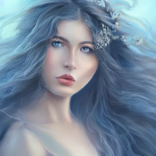 Prompt: A portrait of an attractive young female wind angel, beautiful long windy hair, wearing tumultus clouds, intricate, highly detailed, elegant, digital painting, trending on artstation