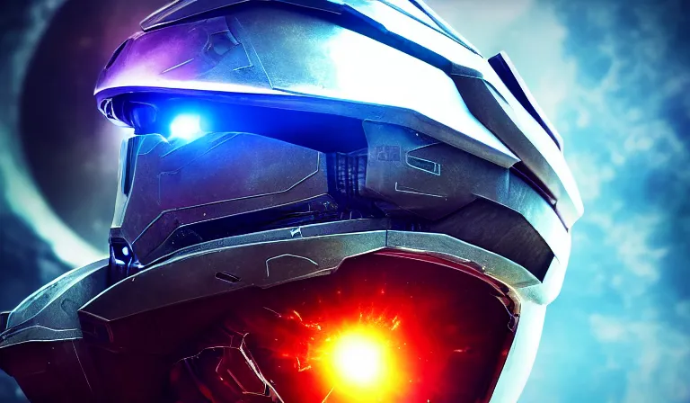 Prompt: cyberpunk halo helmet on space looking up, close shot, reflection, epic, dramatic, cinematic, award winning, ultra detailed, realistic, 8k,