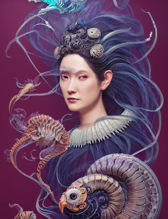 Image similar to 3 d goddess nautilus half - turn portrait with long hair with ram skull. beautiful intricately detailed japanese crow kitsune mask and clasical japanese kimono. betta fish, jellyfish phoenix, bio luminescent, plasma, ice, water, wind, creature, artwork by tooth wu and wlop and beeple and greg rutkowski