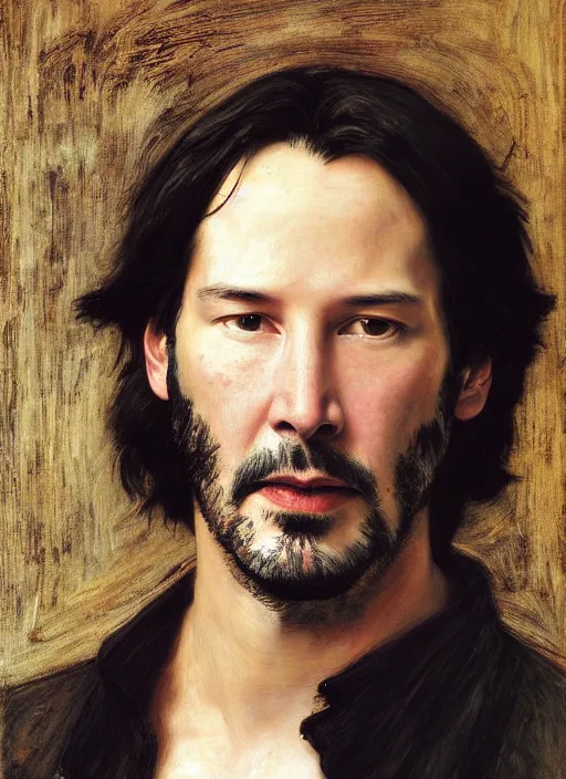 Prompt: a beautiful painting of keanu reeves by John Everett Millais and Dante Gabriel Rossetti and John Collier and john william waterhouse, pre-raphaelite, detailed, trending on artstation, hd, masterpiece