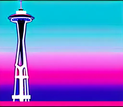 Image similar to a beautiful and immaculate balanced vaporwave ombre scene depicting outrun and the space needle