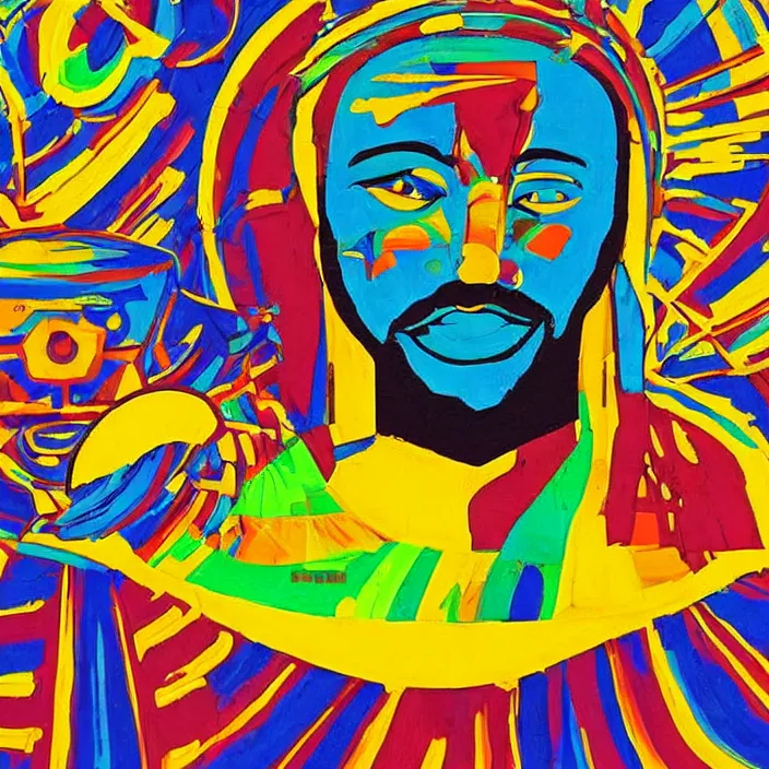 Image similar to UFO hovering over an African Jesus , colourful, in the style of Nigerian truck art,