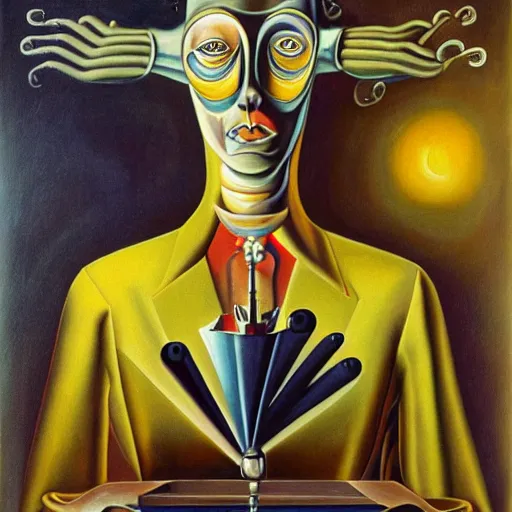 Prompt: a surrealist painting, self portrait of an artificial intelligence, in the style of salvador dali and remedios varo
