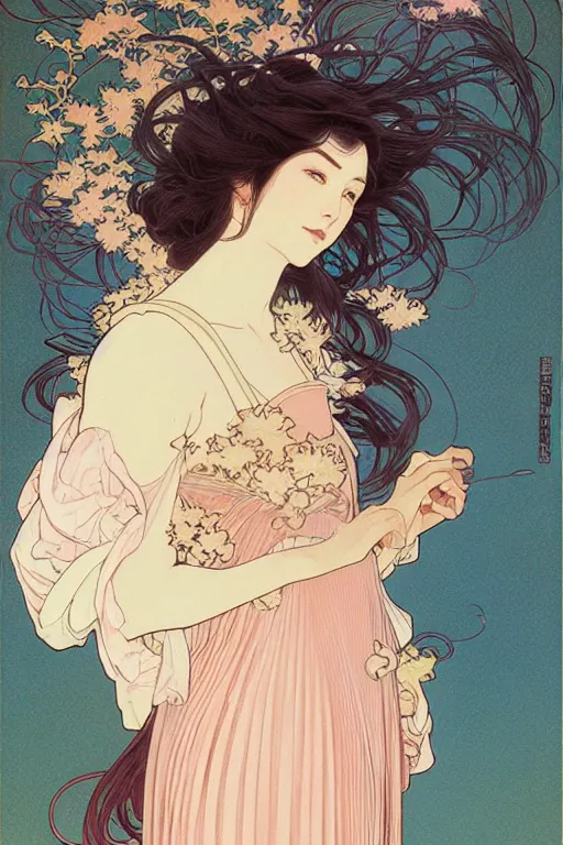 Prompt: beautiful portrait pastel painting of a female, blush, pleated skirt, flowing hair, slim face, elegant, alphonse mucha, by yoichi hatakenaka, masamune shirow, josan gonzales and dan mumford, ayami kojima, takato yamamoto, barclay shaw, karol bak, yukito kishiro