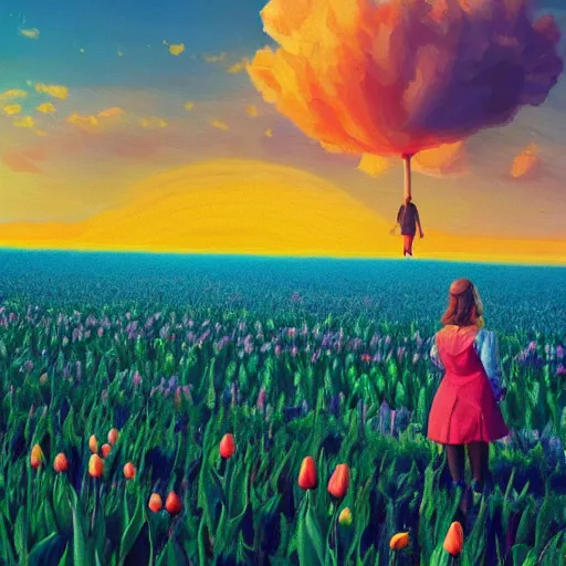 Image similar to girl with singular giant tulip as a head, surreal photography, flower field, sunset dramatic light, impressionist painting, colorful clouds, blue sky, digital painting, artstation, simon stalenhag