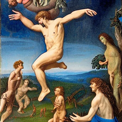 Prompt: Eve star-jumping in the Garden of Eden. God is wearing a concerned frown