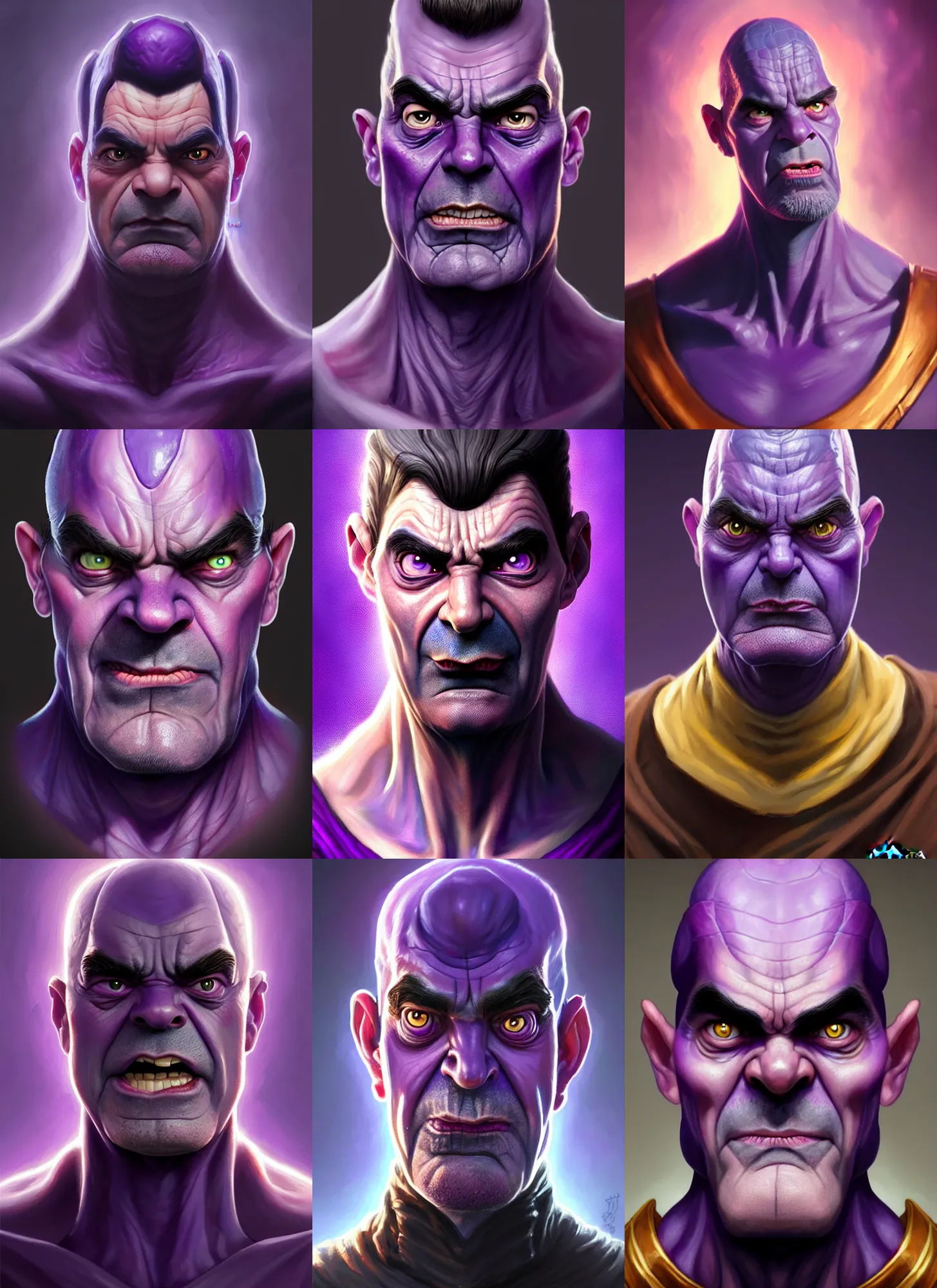 Prompt: a fantasy style portrait painting a character if mr. bean and thanos had a son, purple skin, powerful chin, thanos style traits, painting, unreal 5, daz., rpg, portrait, extremely detailed, artgerm greg rutkowski _ greg