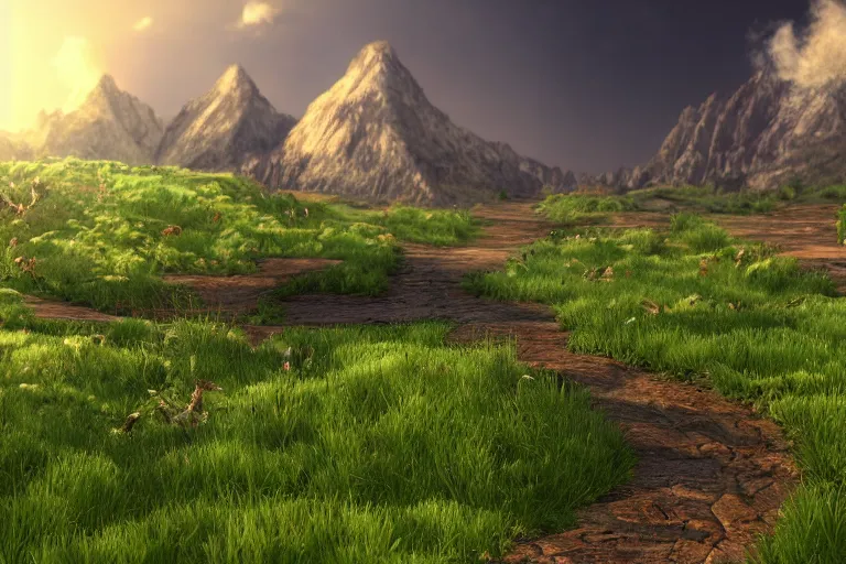 Prompt: Beautiful Fantasy Landscape Grass Plains of Heaven, called The Trails of Avidalna. Realistic Fantasy Render.