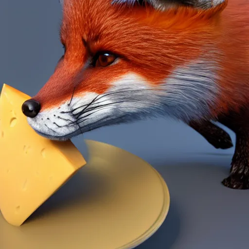 Prompt: a highly detailed photographic render of a fox eating cheese, beautifully lit, ray traced, octane 3D render, octane render, unreal engine