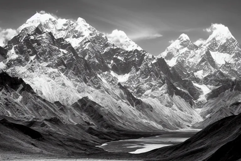 Image similar to amazing landscape photo of Himalayas by Ansel Adams, beautiful, dramatic lighting