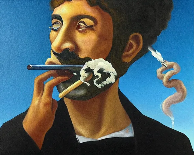 Image similar to a surreal painting of man smoking a joint